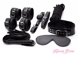 Bdsm kit Set 10 pcs pet bone gag hand cuffs collar leash ankle cuffs whip paddle nipple clamps  feather rope shibari bondage cute  black aesthetic ddlg cglg mdlg ddlb mdlb little submissive restraints sex couple by Kawaii BDSM - cute and kinky / Worldwide Free Shipping (11017516999)