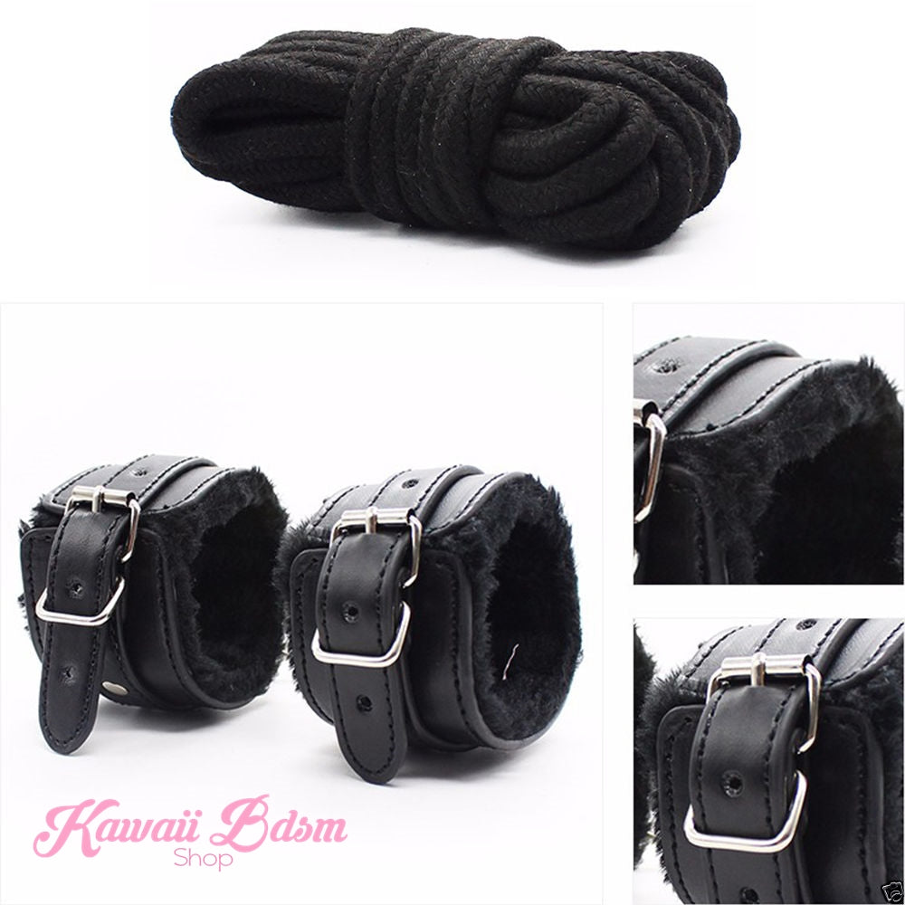 Bdsm kit Set 10 pcs pet bone gag hand cuffs collar leash ankle cuffs whip paddle nipple clamps  feather rope shibari bondage cute pink black red aesthetic ddlg cglg mdlg ddlb mdlb little submissive restraints sex couple by Kawaii BDSM - cute and kinky / Worldwide Free Shipping (11017516999)