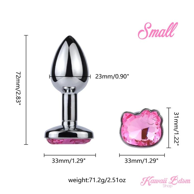 Size guide and exact measurements in millimeters and inches for the small beginner Hello Kitty pink crystal anal plug.