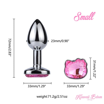 Size guide and exact measurements in millimeters and inches for the small beginner Hello Kitty pink crystal anal plug.