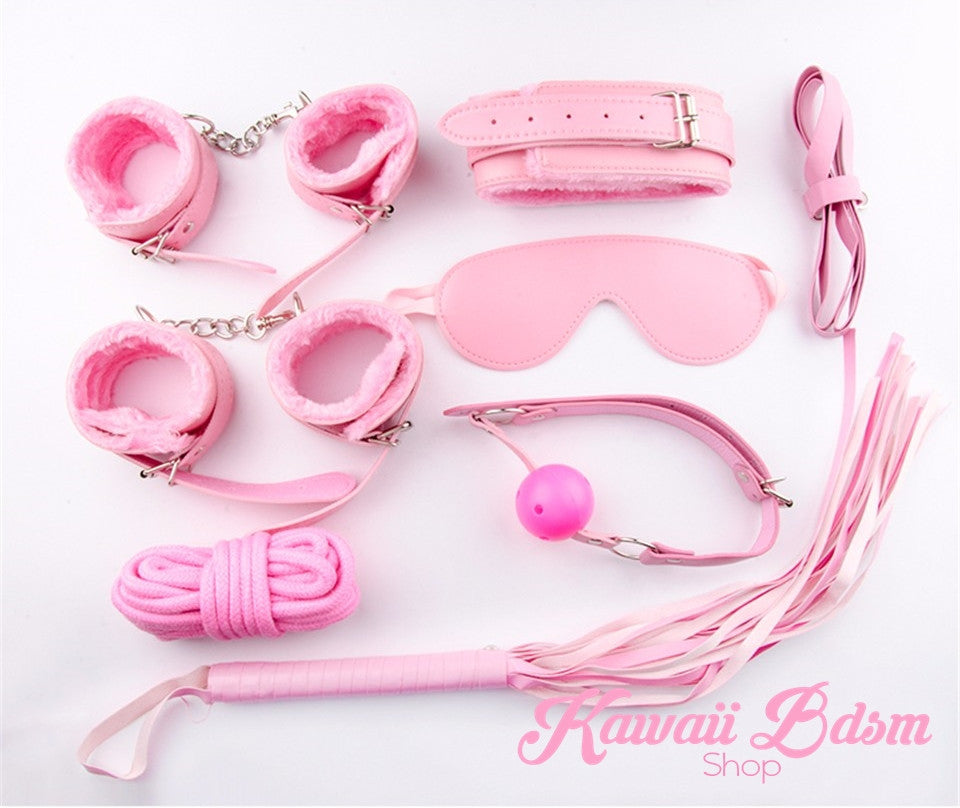 Soft pink BDSM gear set with faux fur lining, ideal for sensitive skin and comfortable bondage.