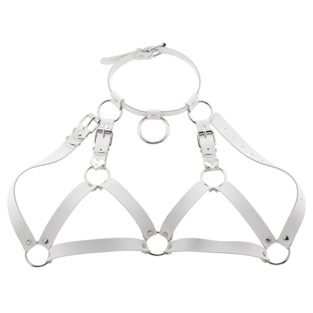 Pure white alternative fashion harness, handmade with premium non-animal leather and silver hardware.
