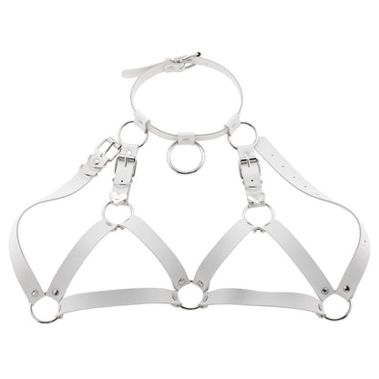 Pure white alternative fashion harness, handmade with premium non-animal leather and silver hardware.